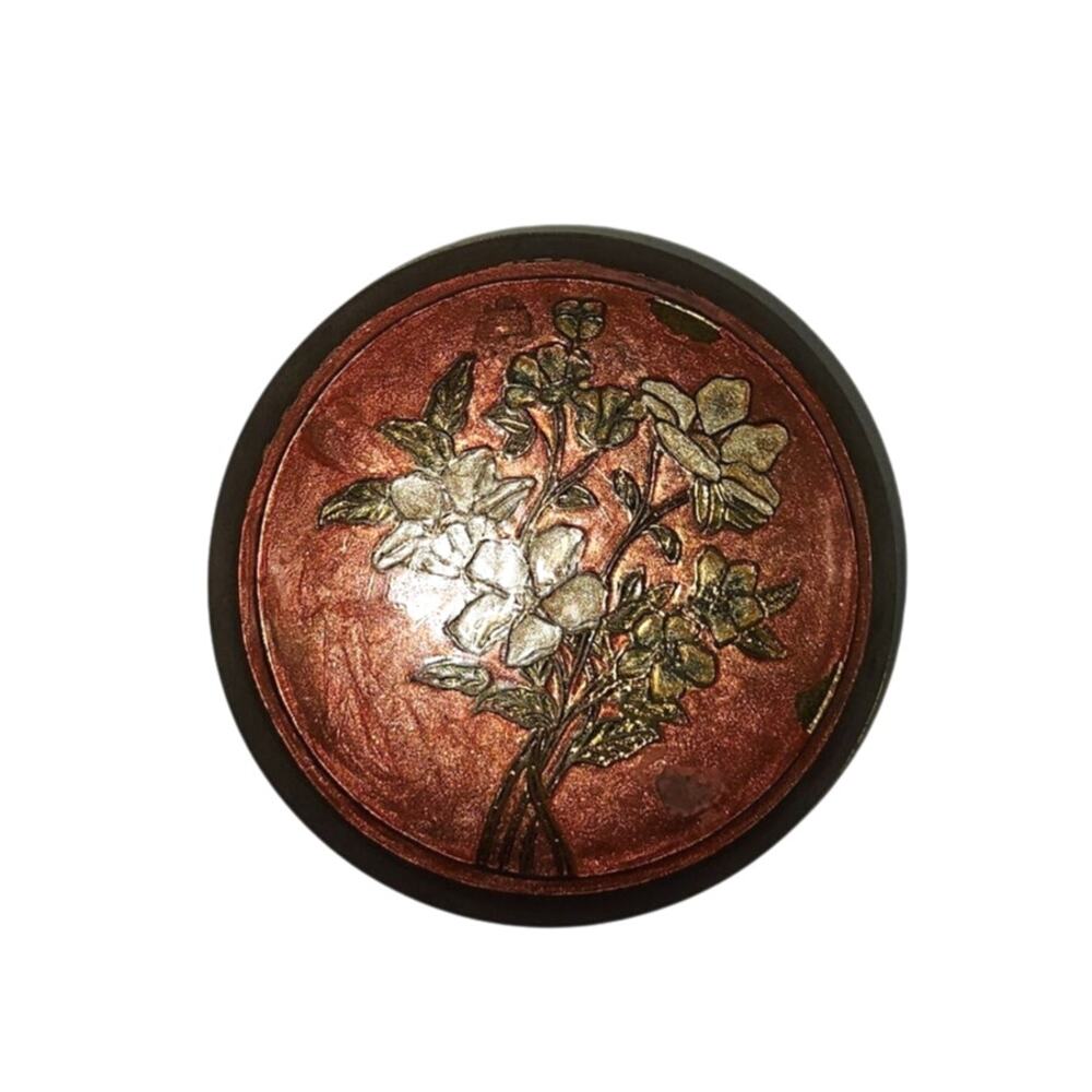 Vintage Brass Trinket Box Hand Painted Floral Round Lidded Jewelry Keepsake